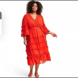 COPY - NWOT Red/Orange Belted Tiered Midi Dress size L